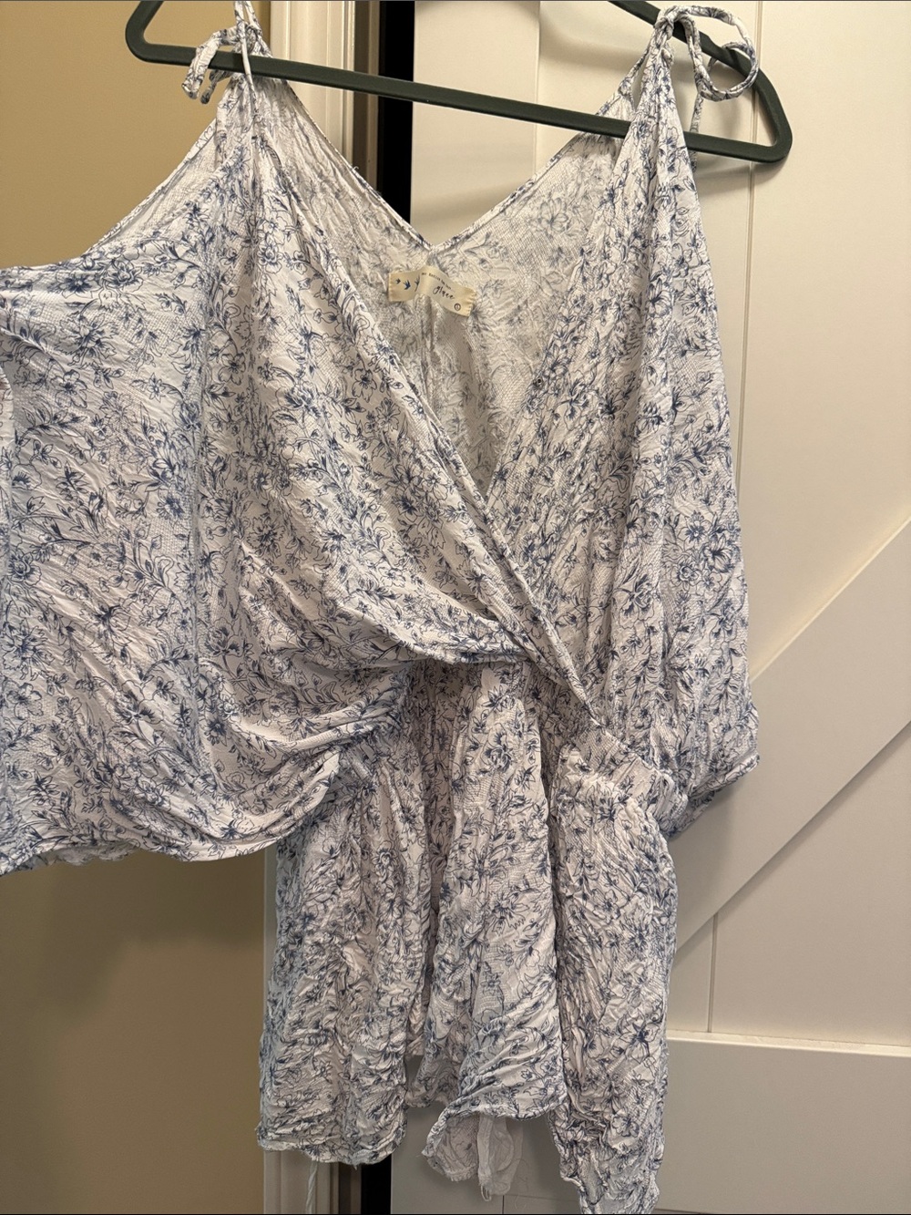 White and Blue Floral Wrap Romper with Tie Straps
